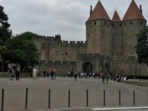 Eine Menschenmenge, die vor einem Schloss wandelt. in der Unterkunft Appartements "Le 102" in Carcassonne