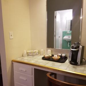 a bathroom with a counter with two bowls of food at Greenwell Motel in La Grande