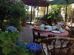 a pink table with a plate of food on it at Villa Gardenia Ureki in Ureki
