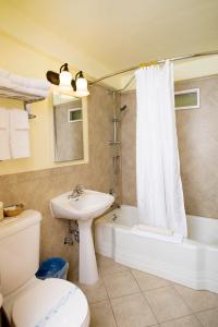 a bathroom with a sink and a toilet and a shower at The Royal Victorian Motel in Port Angeles +37 photos