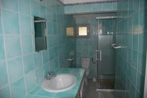 a blue tiled bathroom with a sink and a toilet at Residence Ribellinu in Pianottoli-Caldarello