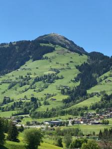 a green hillside with a village on it at Pension Brixen im Thale in Brixen im Thale