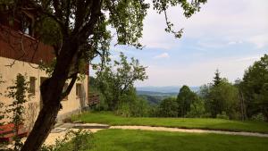 een uitzicht vanaf de zijkant van een huis met een groen gazon bij Chata Na Przełęczy in Poręba