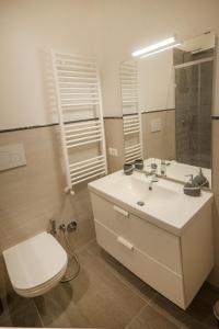 La salle de bains est pourvue d'un lavabo, de toilettes et d'un miroir. dans l'établissement Guest House Vignola, à Rome