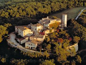 an aerial view of a castle in the forest at Castello di Montalto in Castelnuovo Berardenga