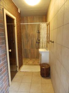 La salle de bains est pourvue d'une douche et d'un lavabo. dans l'établissement Helsinkis, à Anykščiai