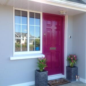 a red door on a house with two potted plants at The Well Bed & Breakfast in Clonakilty