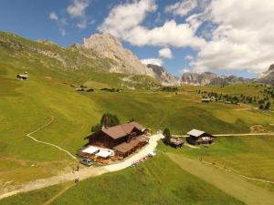 a house on a green hill with mountains in the background at Rifugio Fermeda Hutte in Santa Cristina in Val Gardena