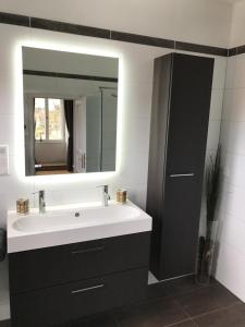 a bathroom with a white sink and a mirror at Schloss Grabow in Grabow