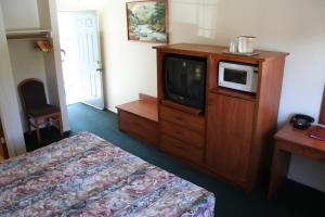 a hotel room with a tv and a bed at Hi-Lo Motel, Cafe and RV Park in Weed