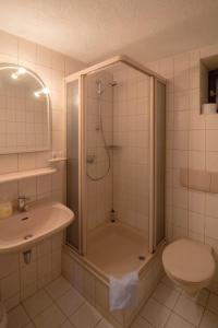 a bathroom with a shower and a toilet and a sink at Hotel Erfurter Kreuz in Kirchheim