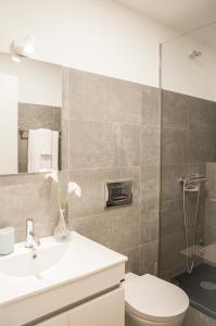 a bathroom with a sink and a toilet and a mirror at Zelije Apartments Trindade in Porto