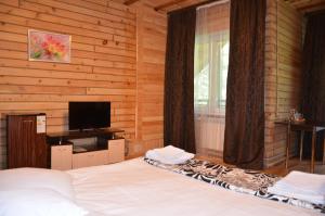 a bedroom with a bed and a television in a room at Hotel Zolotye Peski in Ust'-Muny