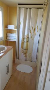 a bathroom with a shower with a hat on it at Casa Prefabricada in El Palmar