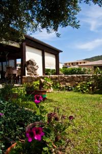 a garden with pink flowers in the grass at Hotel Alador in Budoni