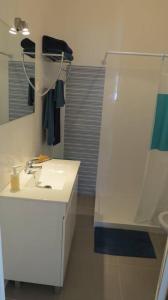 a bathroom with a white sink and a shower at Vivenda Maria de Lourdes in Maiorga +38 photos