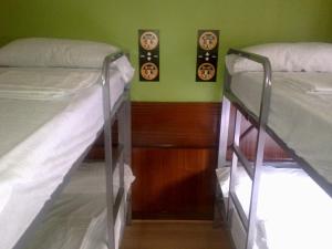2 literas en una habitación con paredes verdes en Moon Hostel Bio, en Bilbao