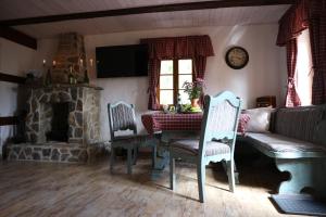 a living room with a table and a fireplace at Apartment Grubenhaus20 in Freiberg