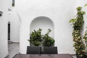 a dining table with two potted plants in a white wall at Apartamento Mendoza in Seville