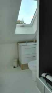 a white bathroom with a toilet and a window at les Bovrieres in Cysoing