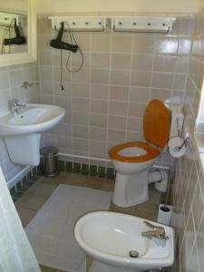 La salle de bains est pourvue de toilettes et d'un lavabo. dans l'établissement Ferienhaus Siedschelje, à Schwanewede