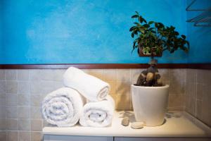 a bathroom counter with towels and a potted plant at Terra di Mezzo in Collepasso