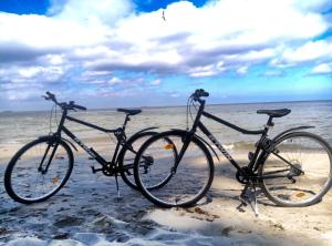 グディニャにあるKolibki Apartment - Hav Apartsの海辺のビーチに駐輪した自転車2台