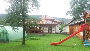 ein Haus mit einer roten Rutsche im Hof in der Unterkunft Casa Bunicii in Moisei