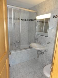 ein Bad mit einem Waschbecken und einer Dusche in der Unterkunft Apartment Weisshorn in Riederalp