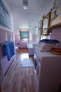 a pink bathroom with a washing machine in it at Baita Skianta 2 in Bormio
