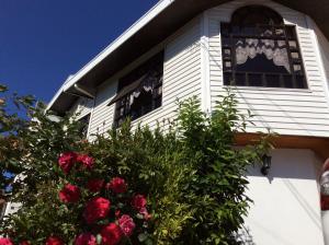 a window on a house with roses in front of it at Hostal Brisas del Sur in Temuco