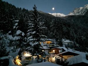 Una casa en la nieve por la noche con la luna en Alpine Appartement, en Oetz