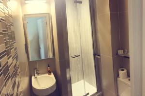 a bathroom with a shower, sink, and mirror at Brighton House in Brighton & Hove