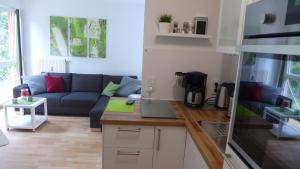ein Wohnzimmer mit einem blauen Sofa und einem Tisch in der Unterkunft Appartement Schultz - Grüne Aue in Braunlage