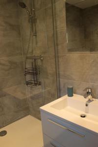 ein Bad mit einer Dusche, einem Waschbecken und einer Dusche in der Unterkunft Le loft du Clos d'Esquay in Esquay-sur-Seulles