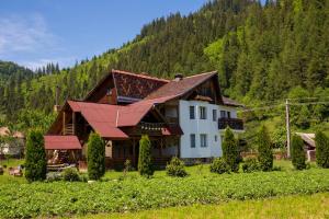 a house in a field with a mountain at Aura's Guest House in Sadova