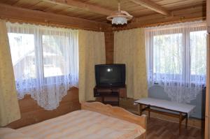 コシチェリスコにあるWilla Śmiechówkaのベッドルーム(ベッド1台、テレビ、窓付)