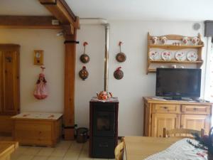 a living room with a tv and a stove at Sella Ronda Apartment in Campitello di Fassa