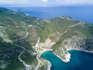 an aerial view of a mountain with a lake at Thassos Grand Resort in Alyki