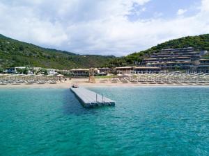a dock in the water next to a beach at Thassos Grand Resort in Alyki