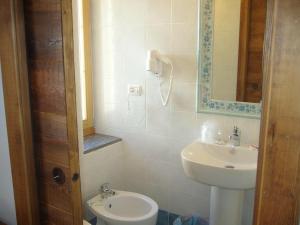 La salle de bains est pourvue d'un lavabo et de toilettes. dans l'établissement Albergo Passet, à Pragelato