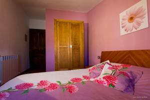 Carcastillo的住宿－Casa Roblan，一间卧室设有粉红色的墙壁和一张鲜花盛开的床。