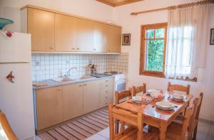 cocina con mesa de madera y nevera en Demetra, en Mitikas