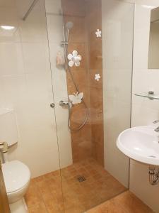 ein Bad mit einer Dusche, einem WC und einem Waschbecken in der Unterkunft Gostišče Smuk in Križe