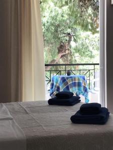 1 cama con 2 almohadas y ventana en Calypso Beach Hotel, en Loutra Edipsou