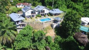 an aerial view of a house with a swimming pool at Bambous River Lodge in Bel Ombre