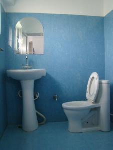 a blue bathroom with a sink and a toilet at Tara Guest House in Bodh Gaya