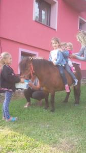 a group of children riding on a horse in front of a pink building at Malinowy Domek in Młyńczyska