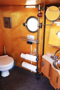 ein Badezimmer mit einem WC, einem Waschbecken und einem Spiegel in der Unterkunft House Boat Catamaran in Jabel