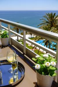 stół z butelką wina na balkonie z widokiem na ocean w obiekcie Apartamentos La Roca Rentals w mieście Torremolinos
